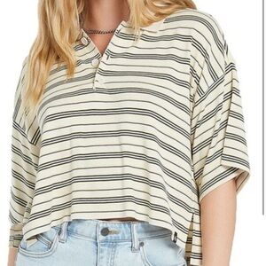 Volcom Women’s Cream Black Striped Boxy Oversized Polo Cropped Top Size X-Small